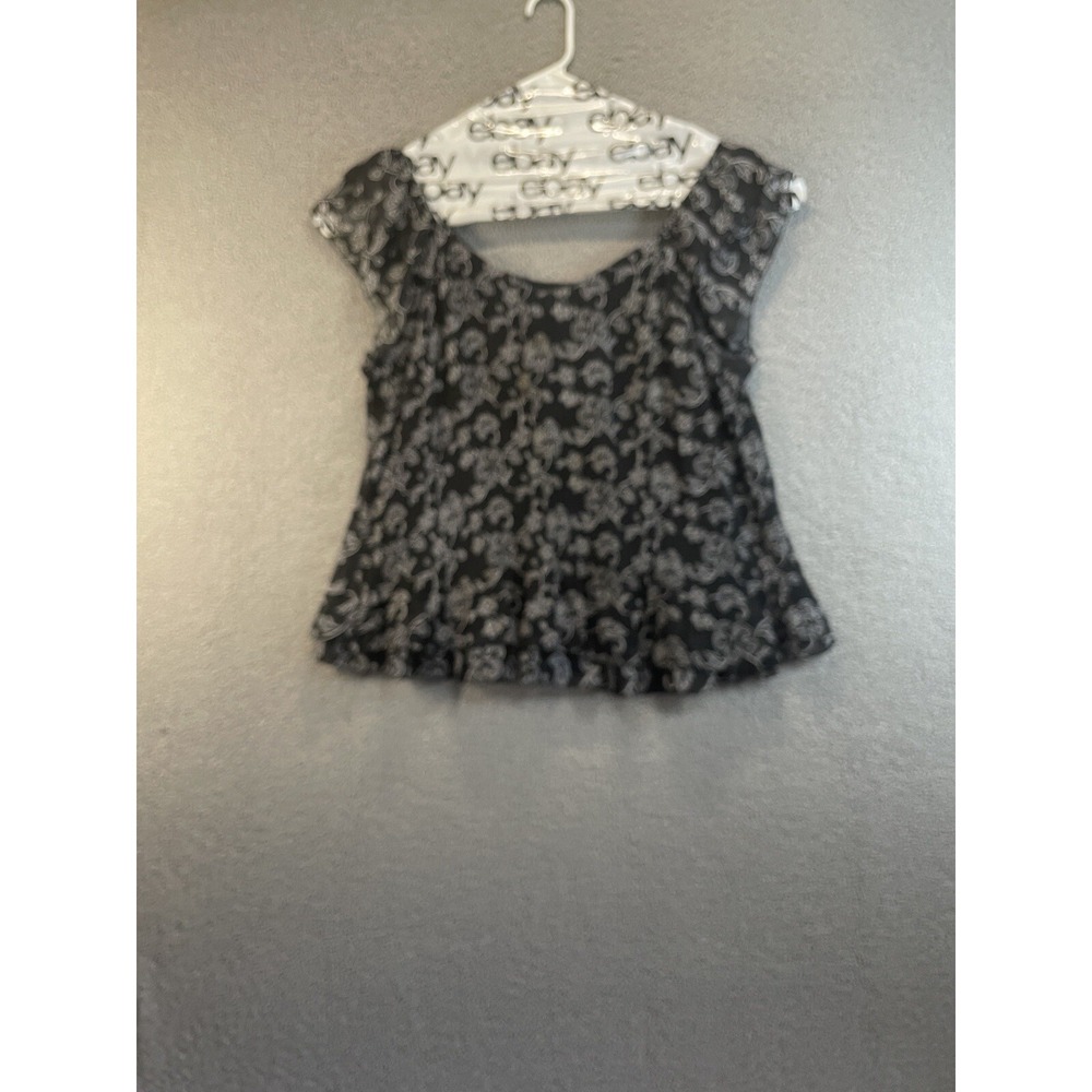 Essentials by Milano Shirt Women's XL Black Satin‎ Floral  Short Sleeve Button